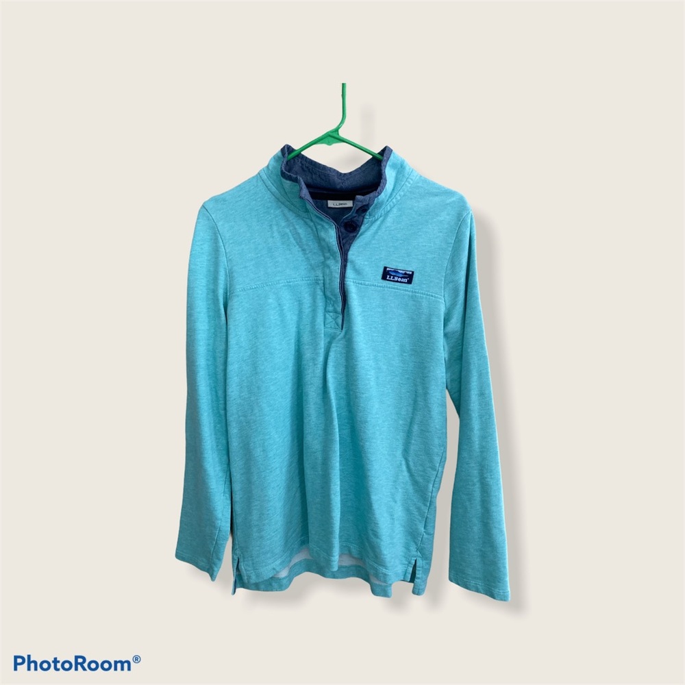 L.L. Bean Women's Light Aqua Long Sleeve Henley with Navy Trim